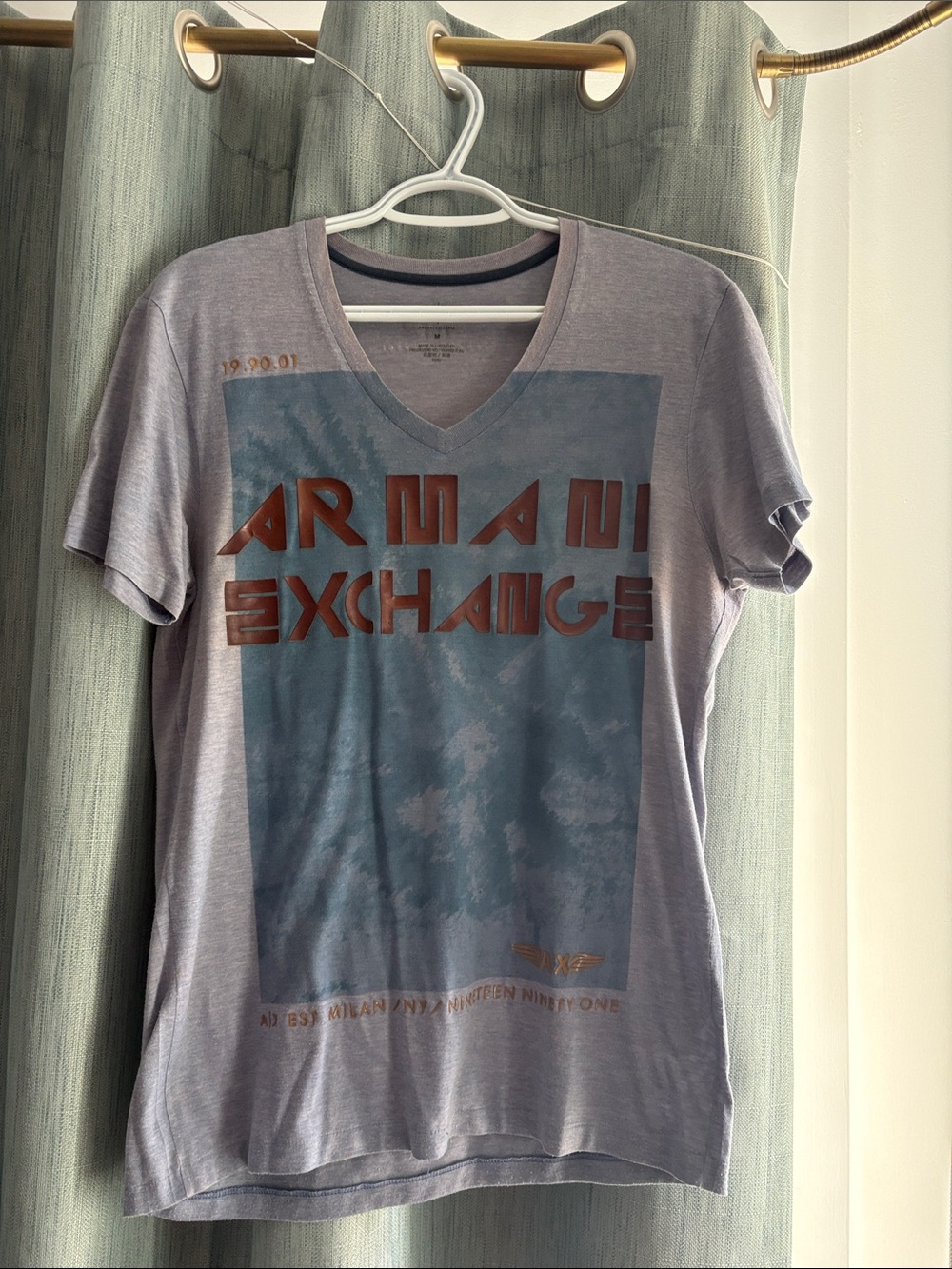Armani Exchange Lavender blue  V-Neck Tee with Rust Graphic